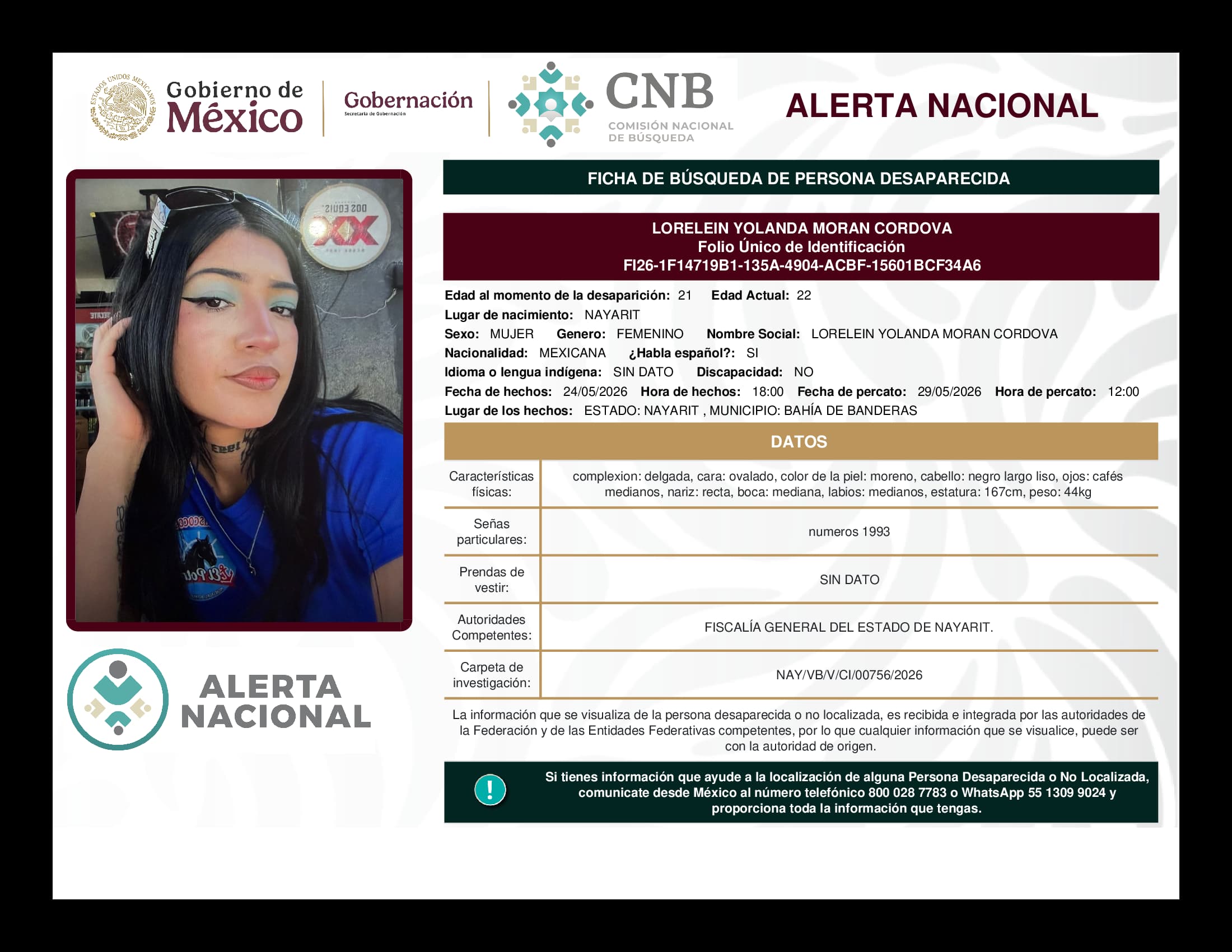 Persona desaparecida Lorelein Yolanda Moran Cordova