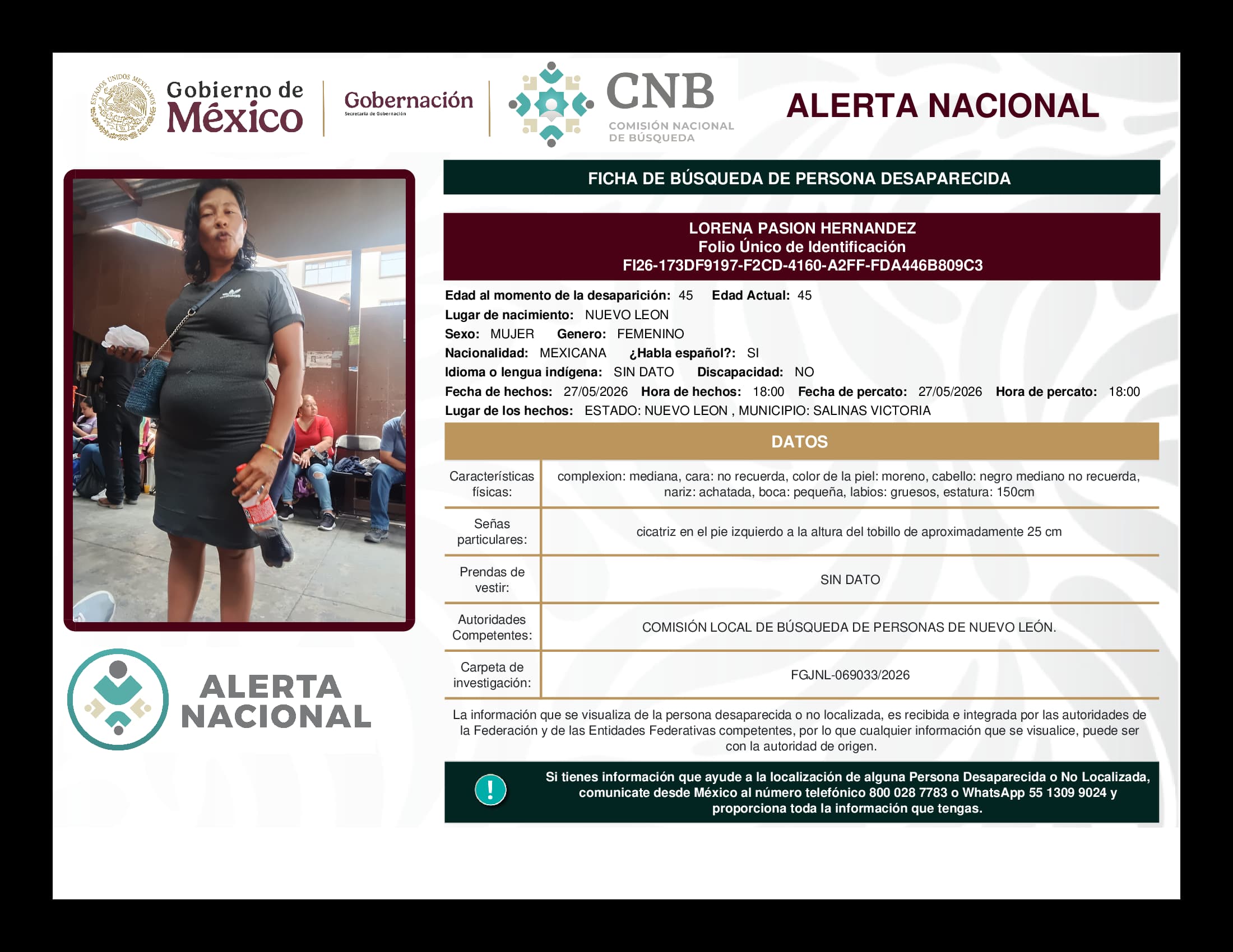 Persona desaparecida Lorena Pasion Hernandez