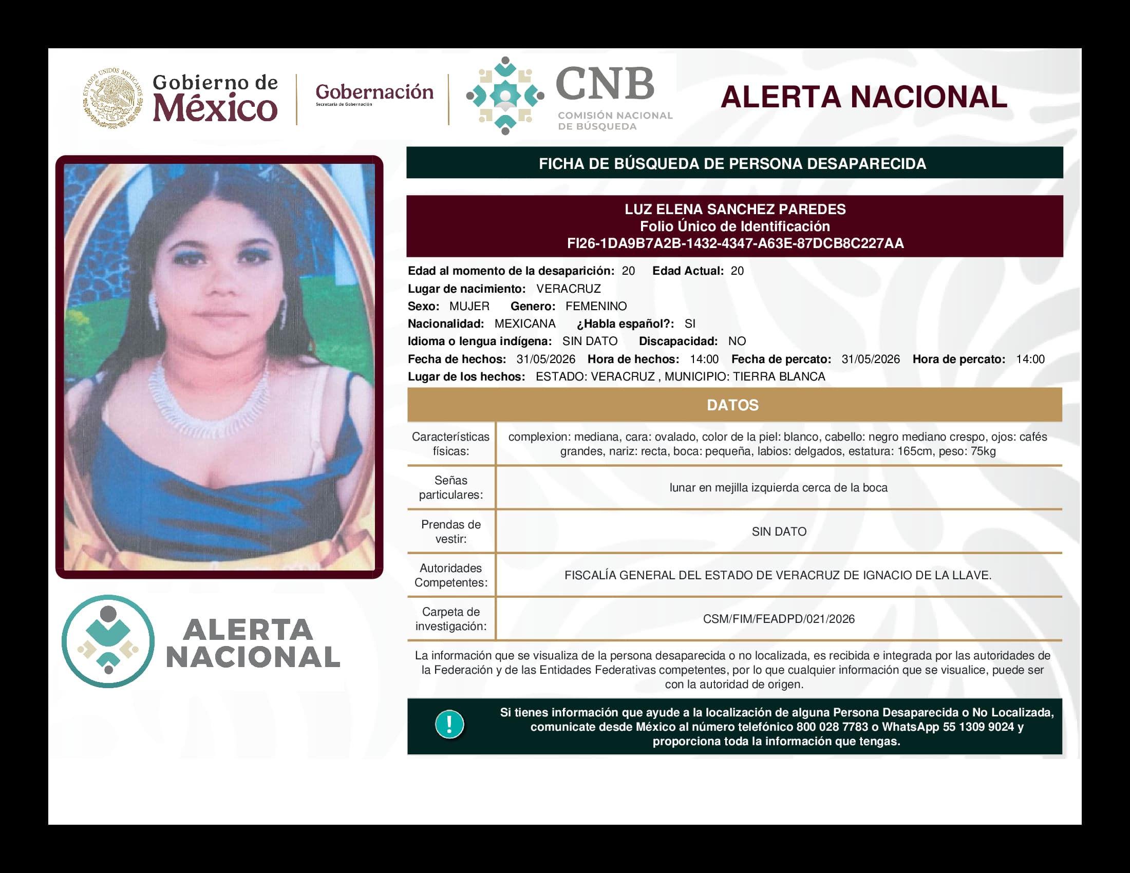 Persona desaparecida Luz Elena Sanchez Paredes