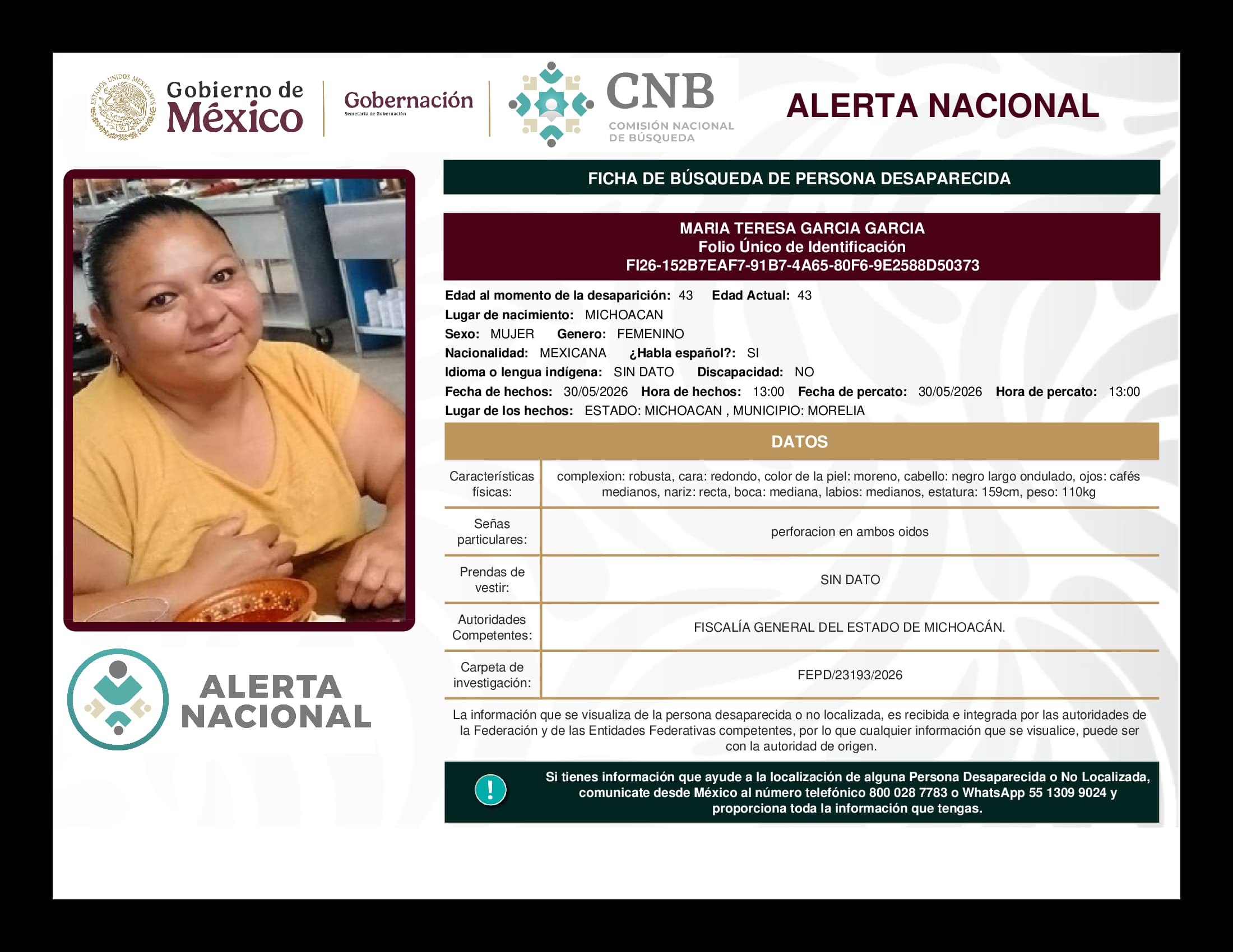 Persona desaparecida Maria Teresa Garcia Garcia