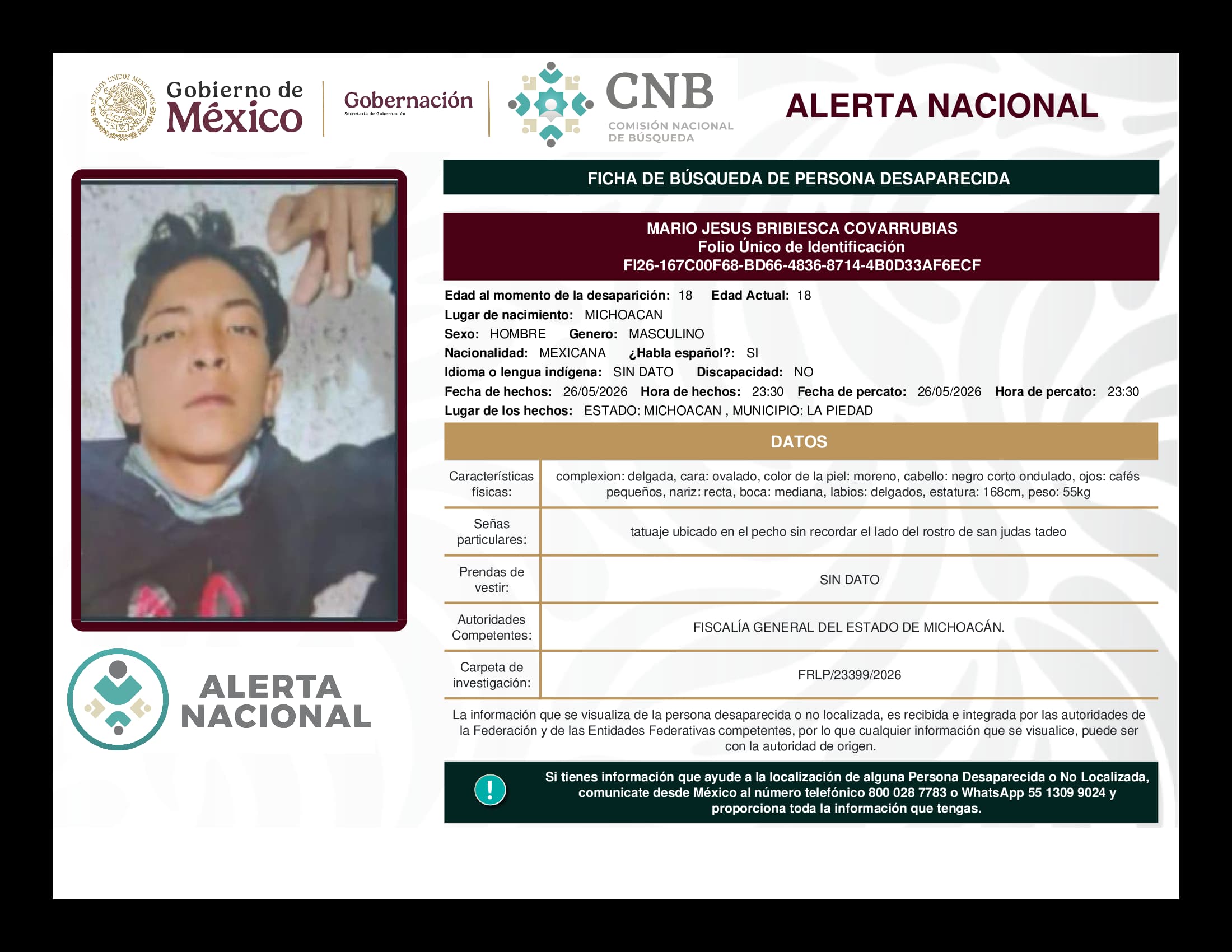 Persona desaparecida Mario Jesus Bribiesca Covarrubias