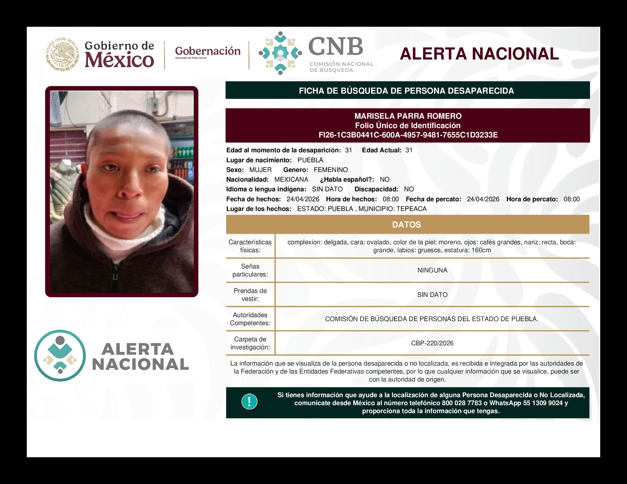 Persona desaparecida Marisela Parra Romero