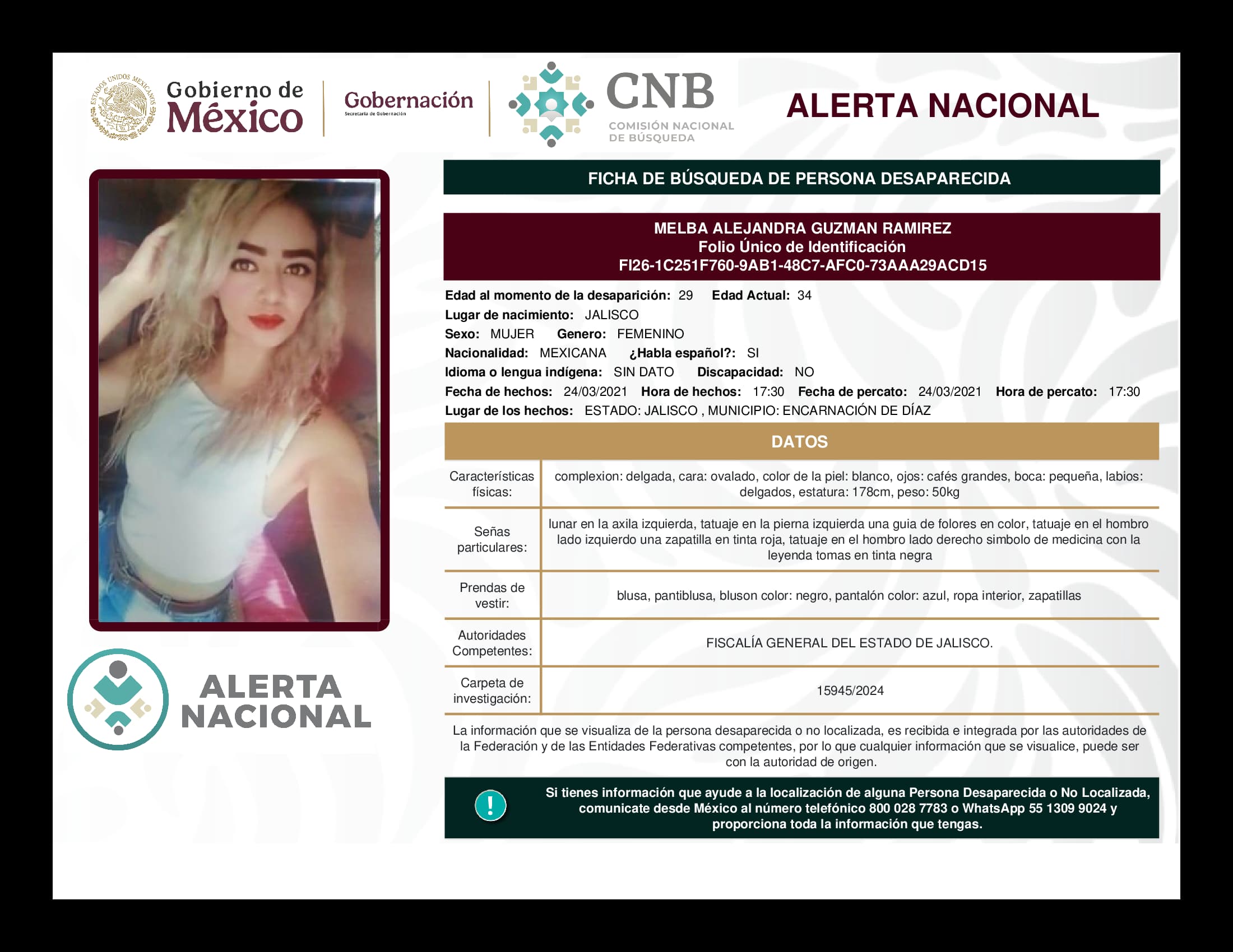 Persona desaparecida Melba Alejandra Guzman Ramirez