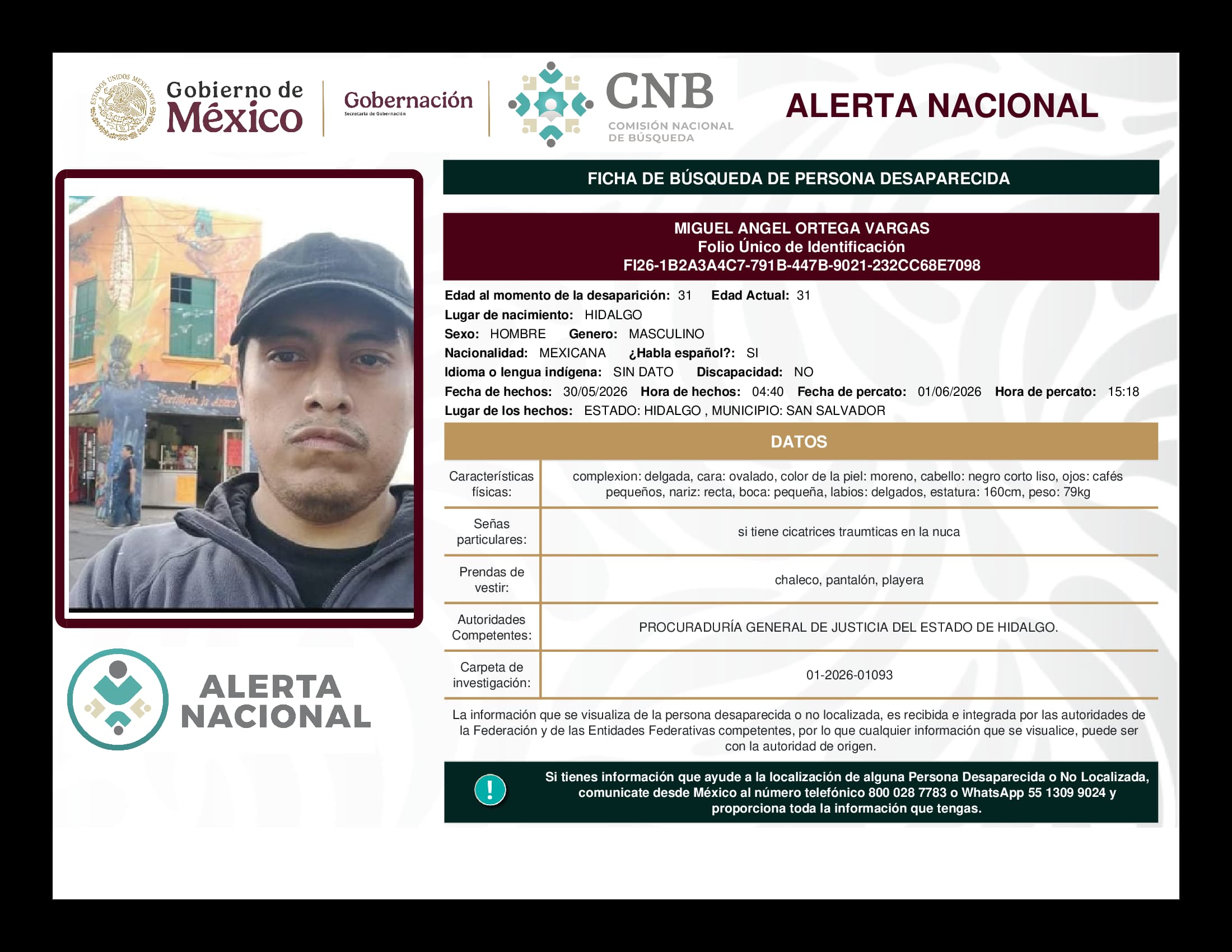 Persona desaparecida Miguel Angel Ortega Vargas