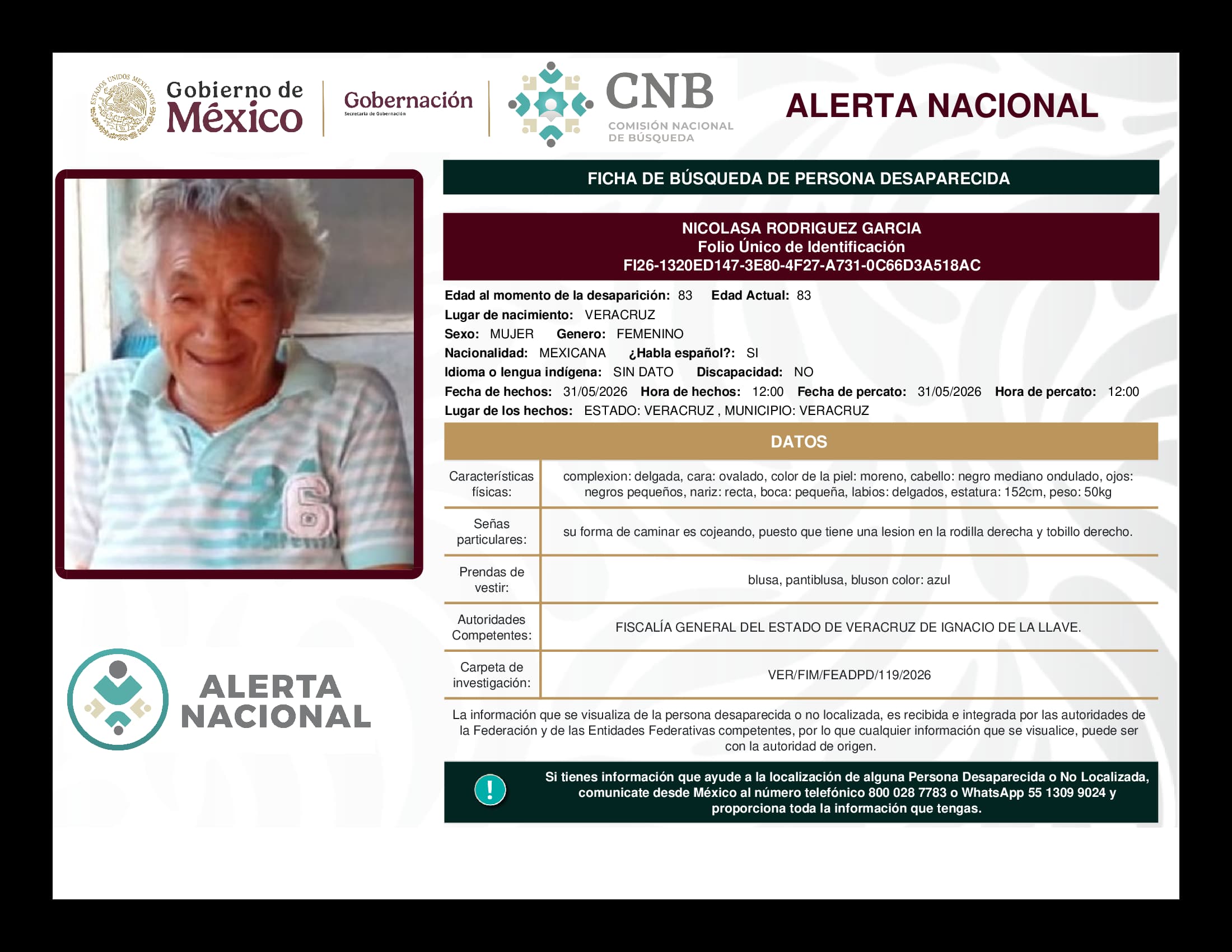 Persona desaparecida Nicolasa Rodriguez Garcia