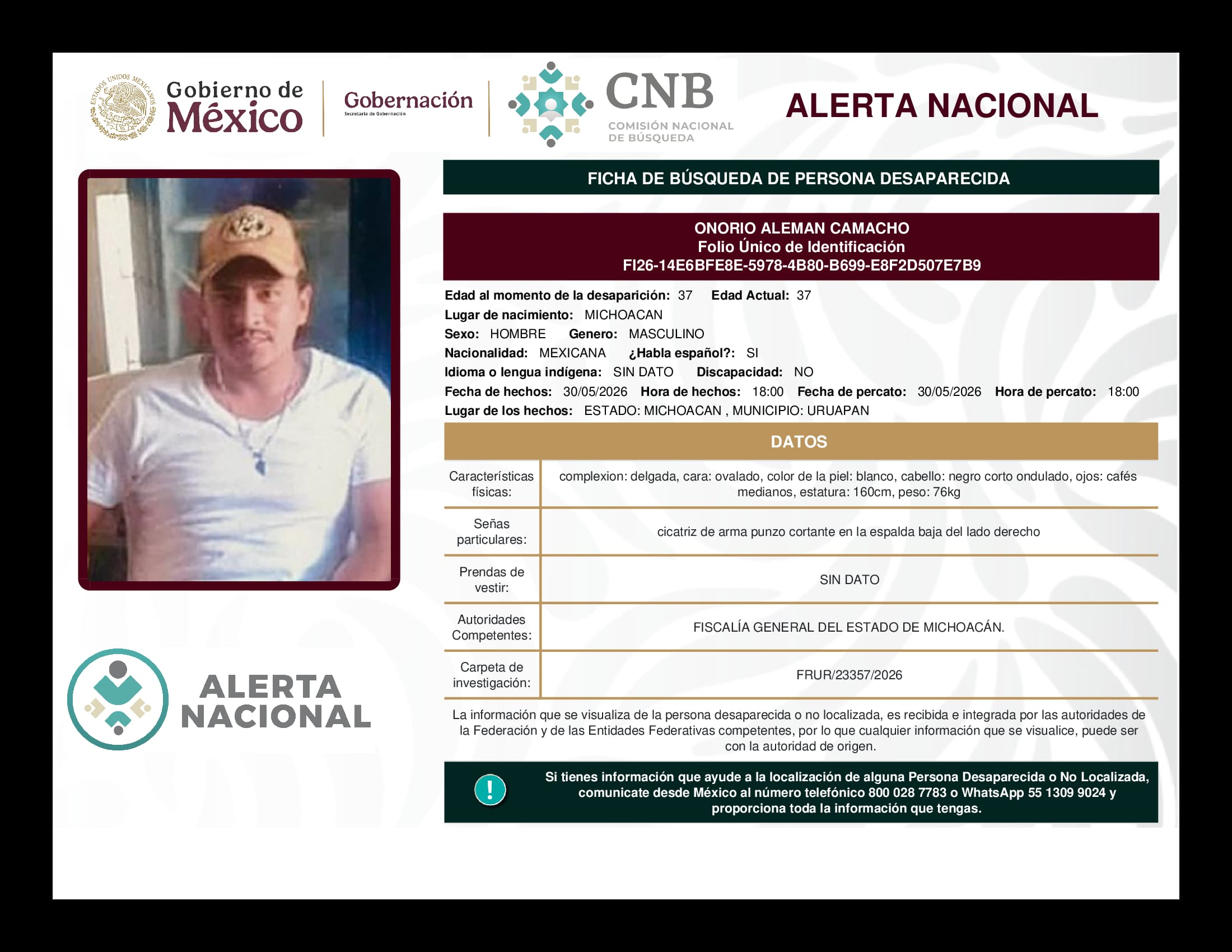 Persona desaparecida Onorio Aleman Camacho