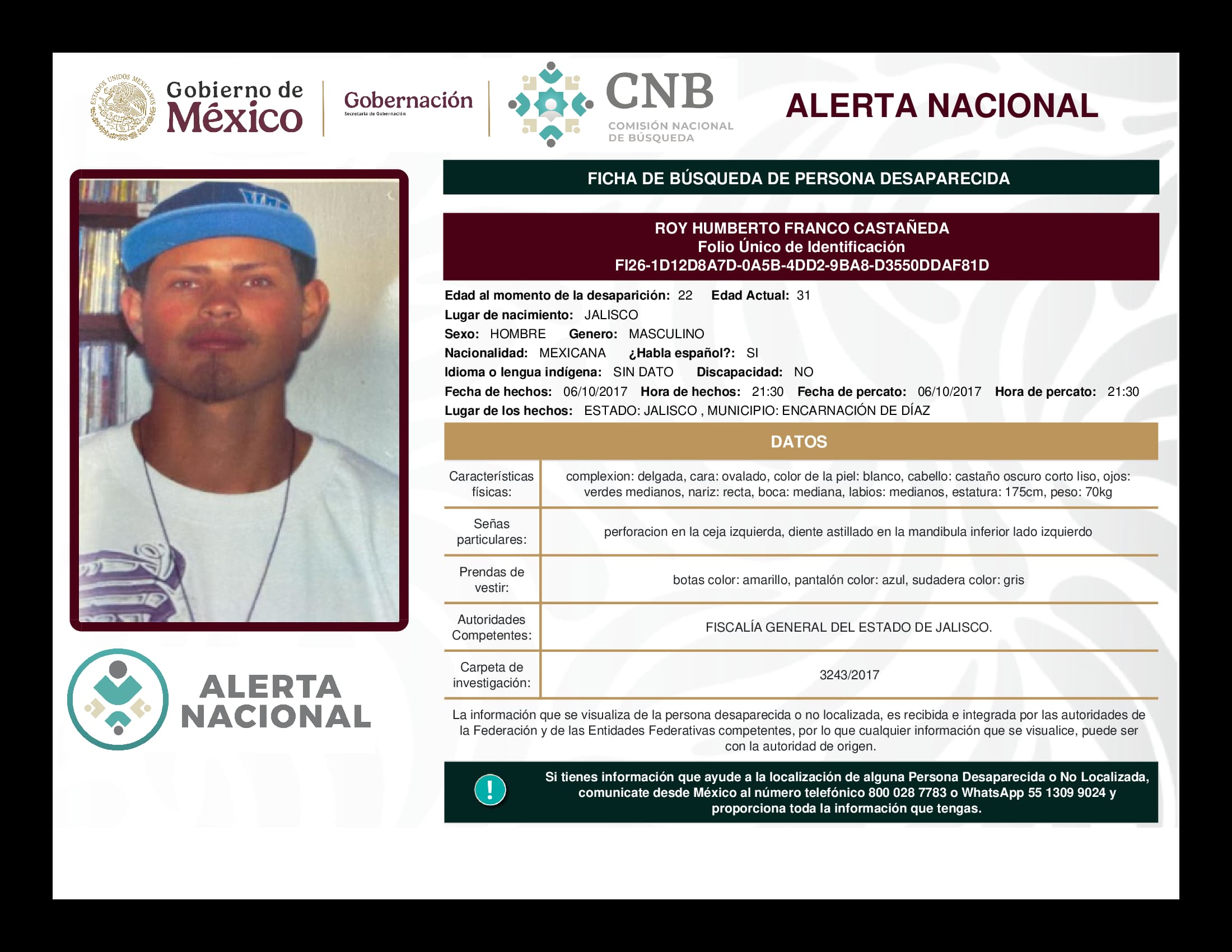 Persona desaparecida Roy Humberto Franco Castañeda