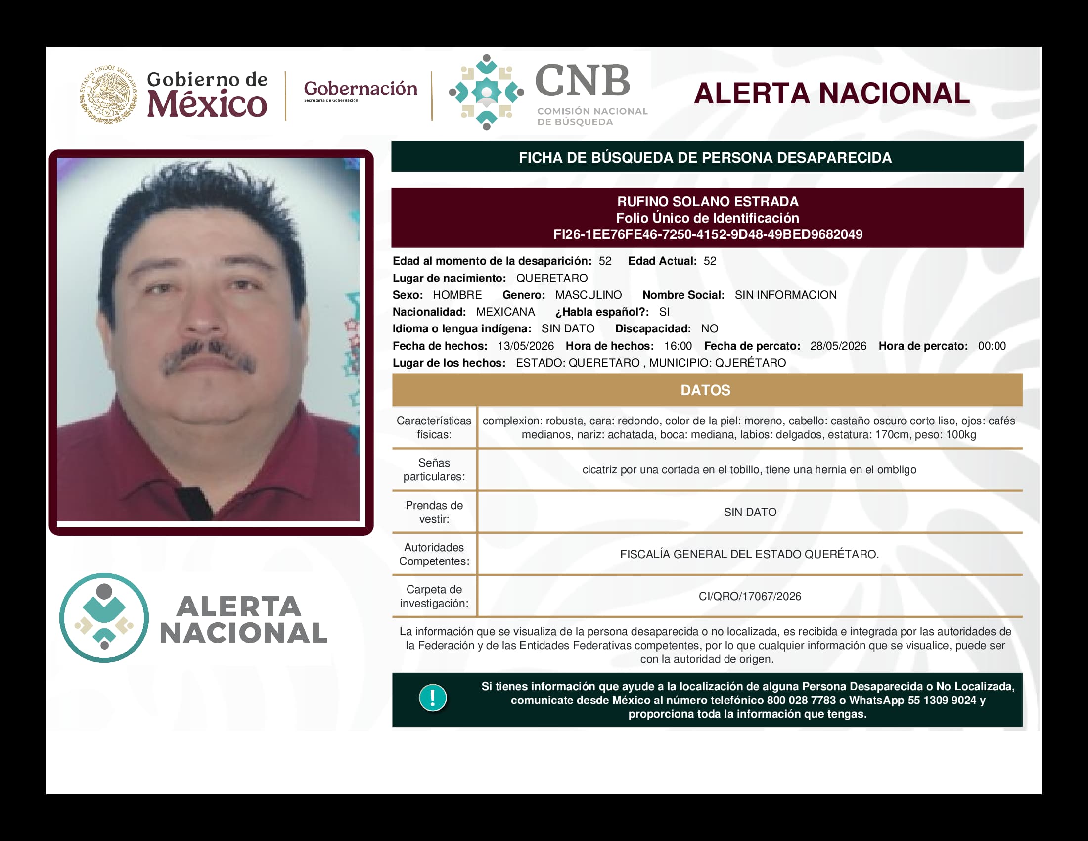 Persona desaparecida Rufino Solano Estrada