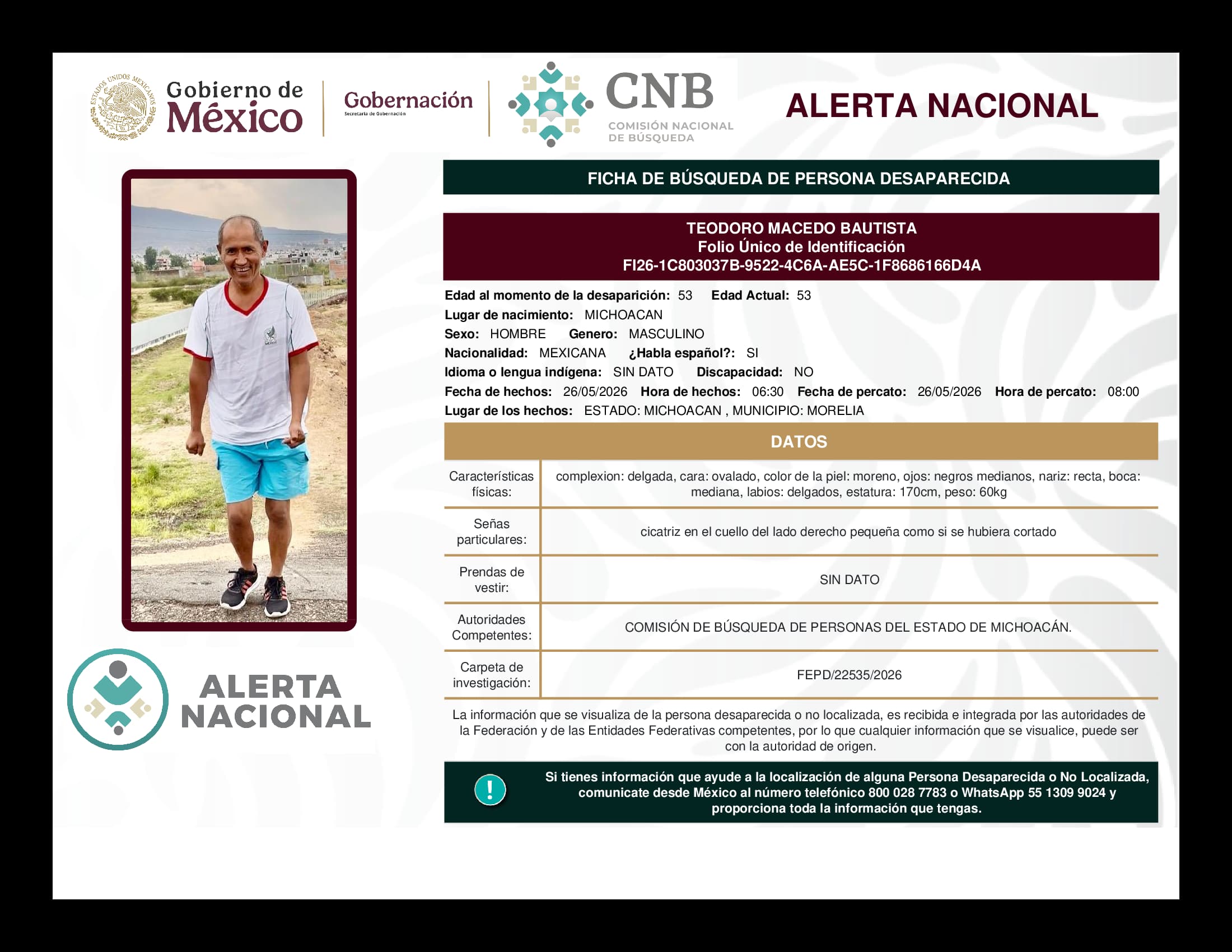 Persona desaparecida Teodoro Macedo Bautista
