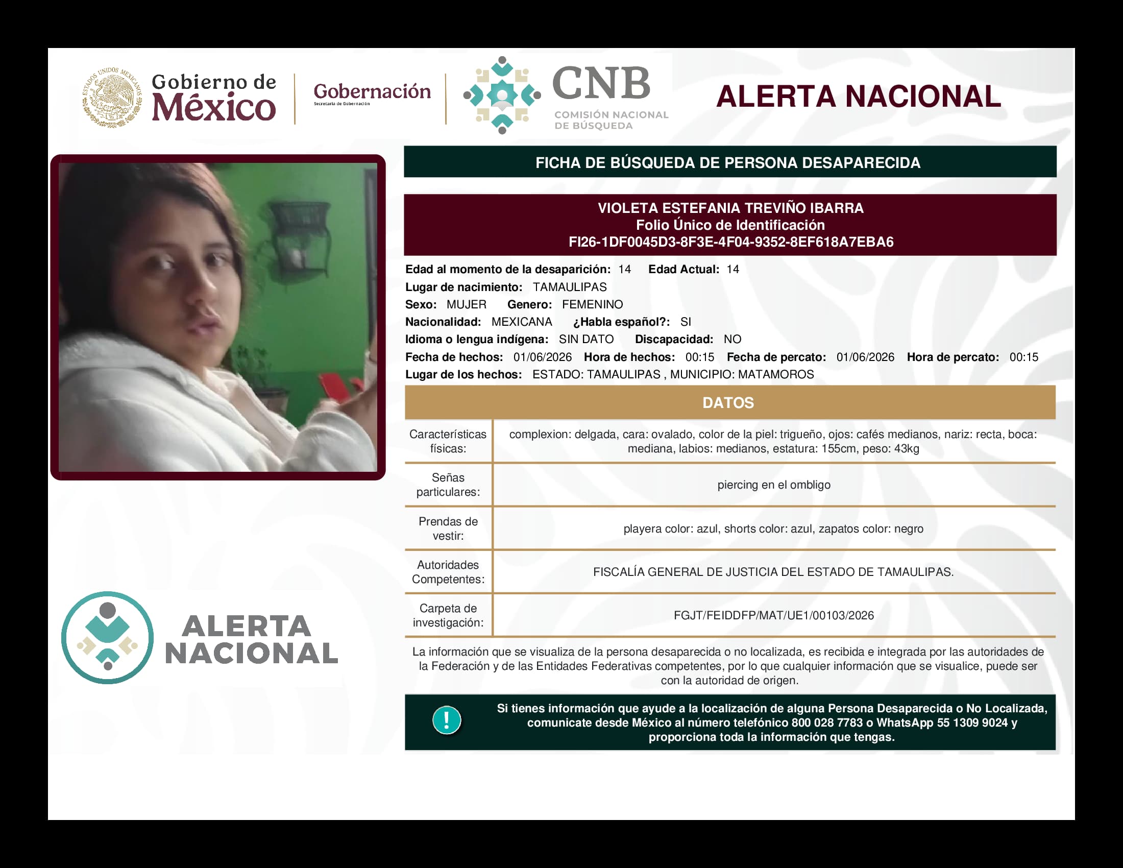 Persona desaparecida Violeta Estefania Treviño Ibarra