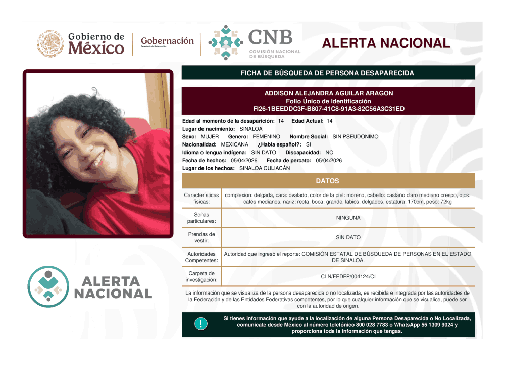 Persona desaparecida Addison Alejandra Aguilar Aragón