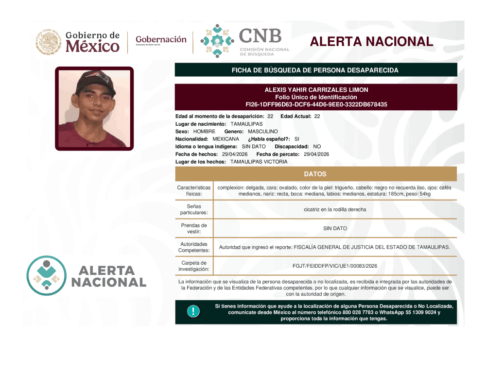 Persona desaparecida Alexis Ahir Carrizales Limón