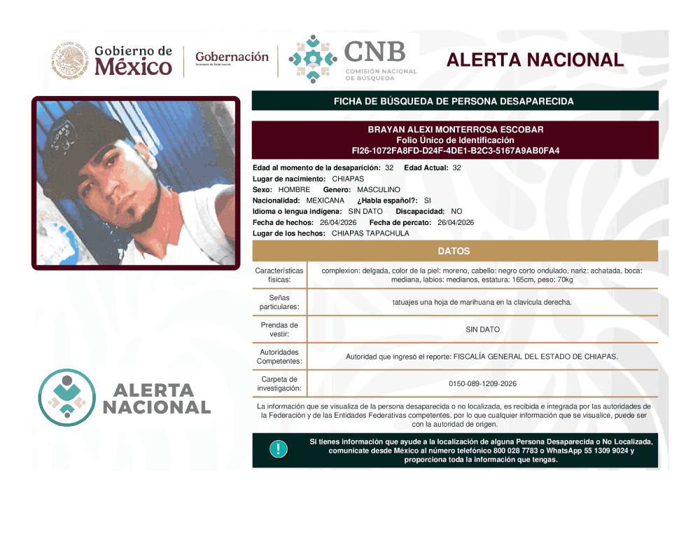 Persona desaparecida Brayan Alexi Monterrosa Escobar