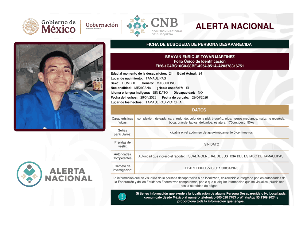 Persona desaparecida Brayan Enrique Tovar Martínez