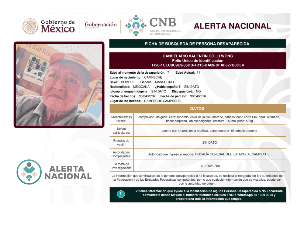 Persona desaparecida Candelario Valentin Colli Wong