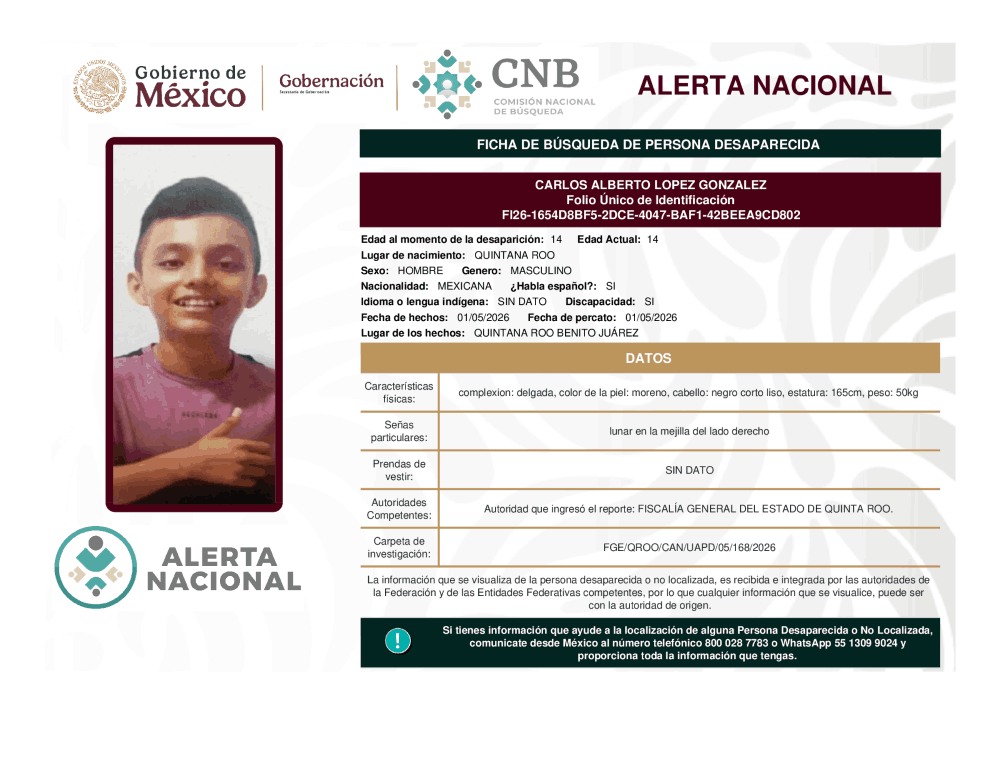 Persona desaparecida Carlos Alberto López González
