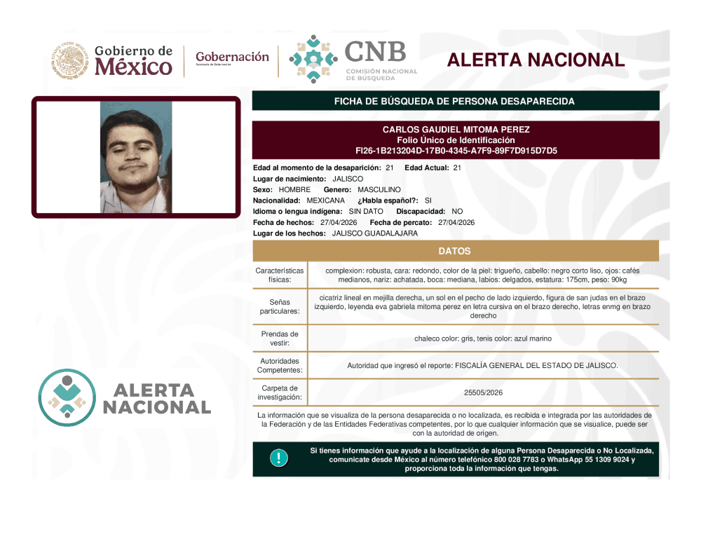 Persona desaparecida Carlos Gaudiel Mitoma Pérez