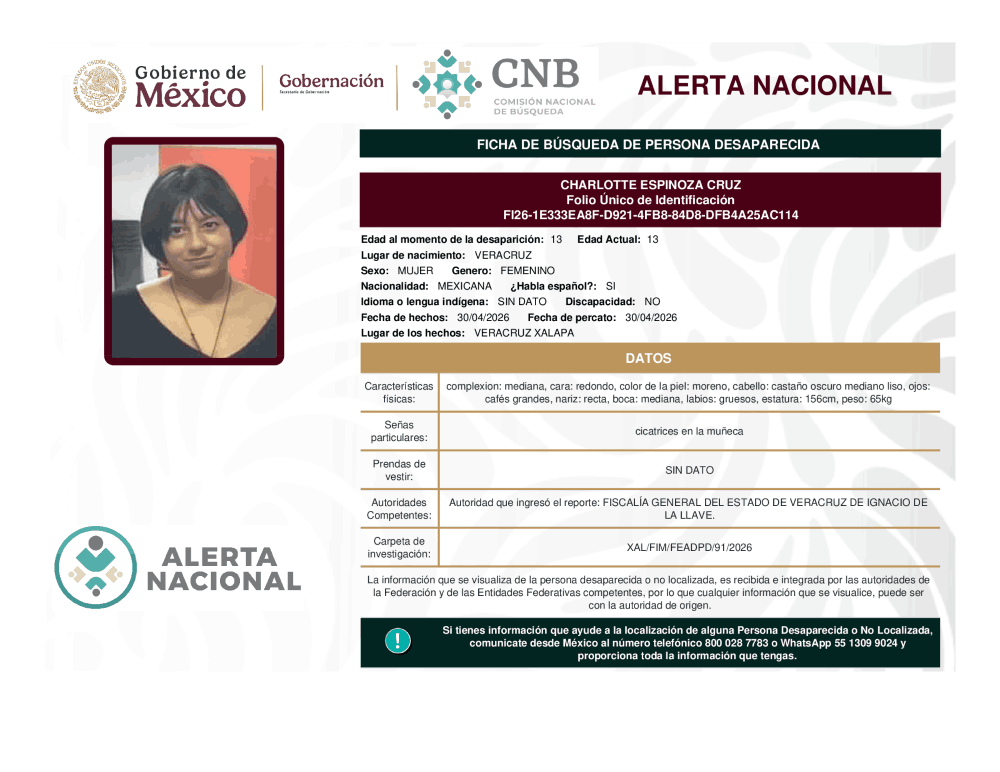 Persona desaparecida Charlotte Espinoza Cruz
