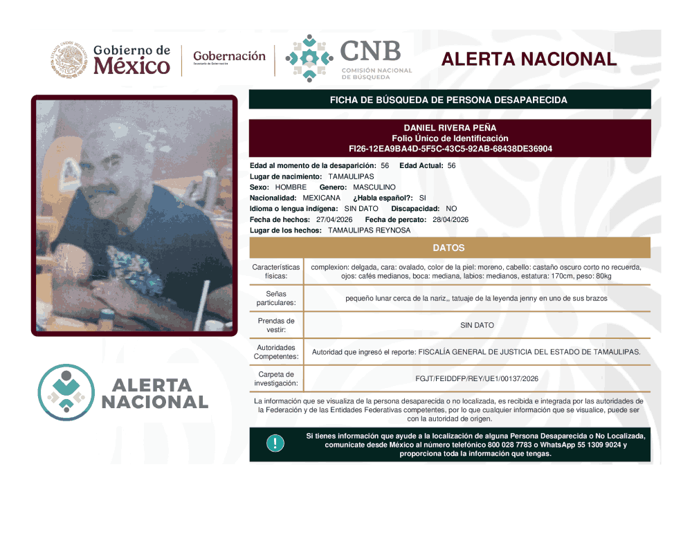 Persona desaparecida Daniel Rivera Pena