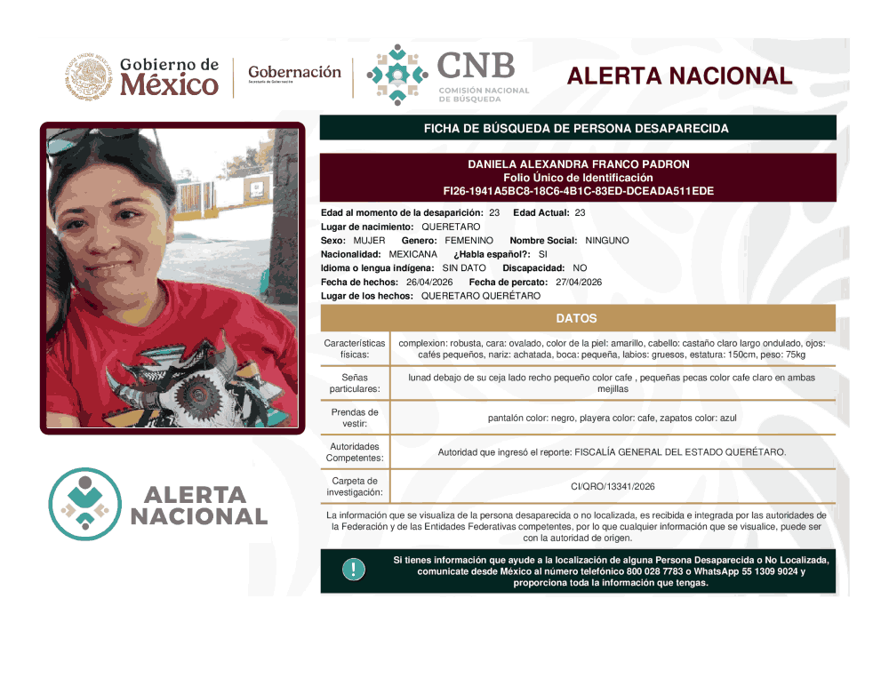 Persona desaparecida Daniela Alexandra Franco Padron