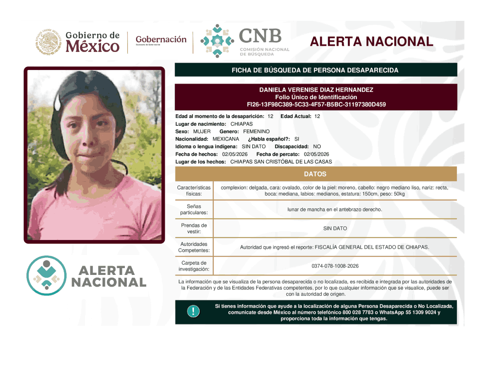 Persona desaparecida Daniela Verenise Díaz Hernández