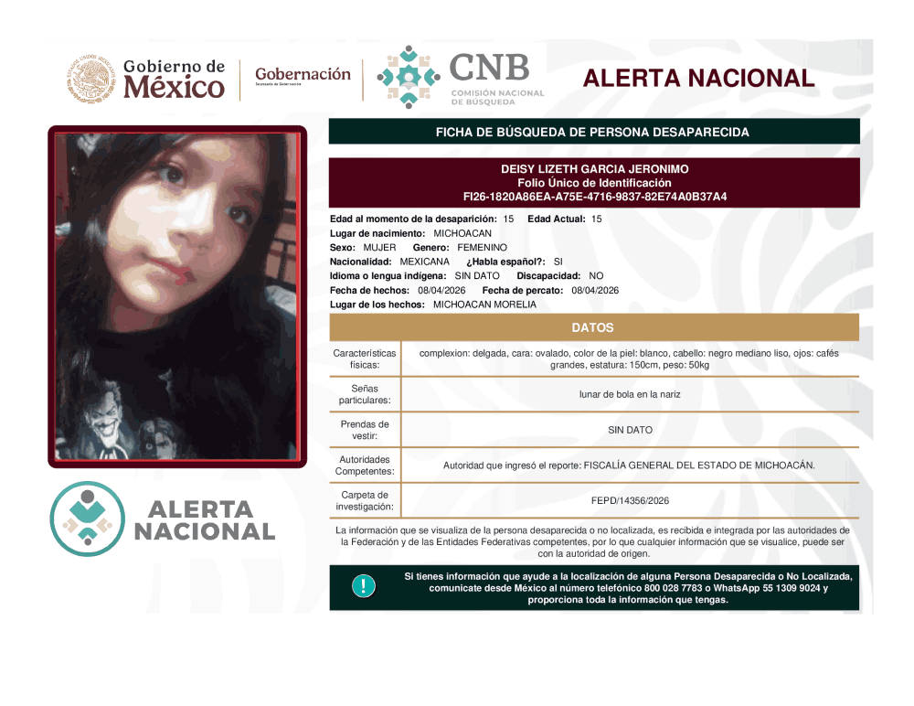 Persona desaparecida Deisy Lizeth García Jerónimo