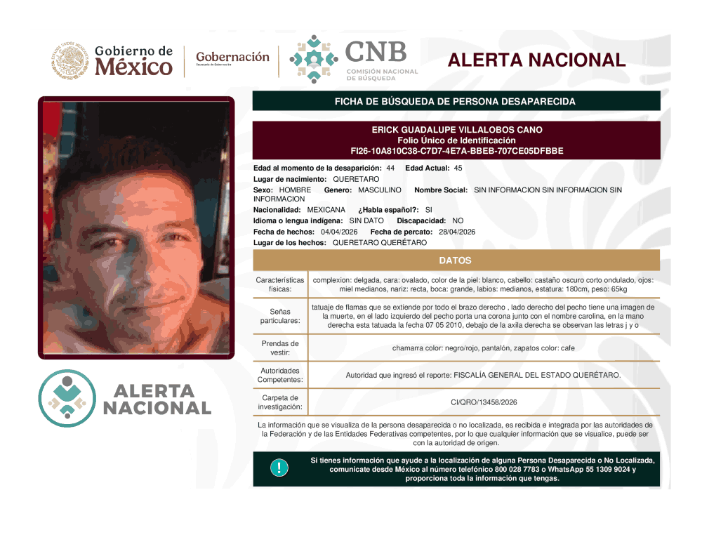 Persona desaparecida Erick Guadalupe Villalobos Cano