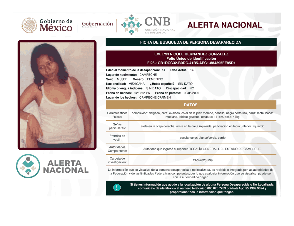 Persona desaparecida Evelyn Nicole Hernández González