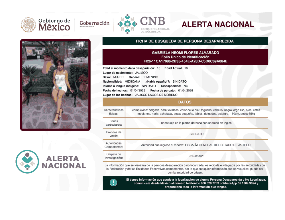 Persona desaparecida Gabriela Neomi Flores Alvarado