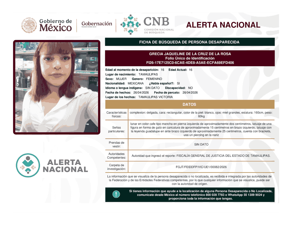 Persona desaparecida Grecia Jaqueline de la Cruz de la Rosa