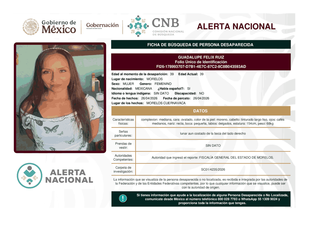 Persona desaparecida Guadalupe Felix Ruiz