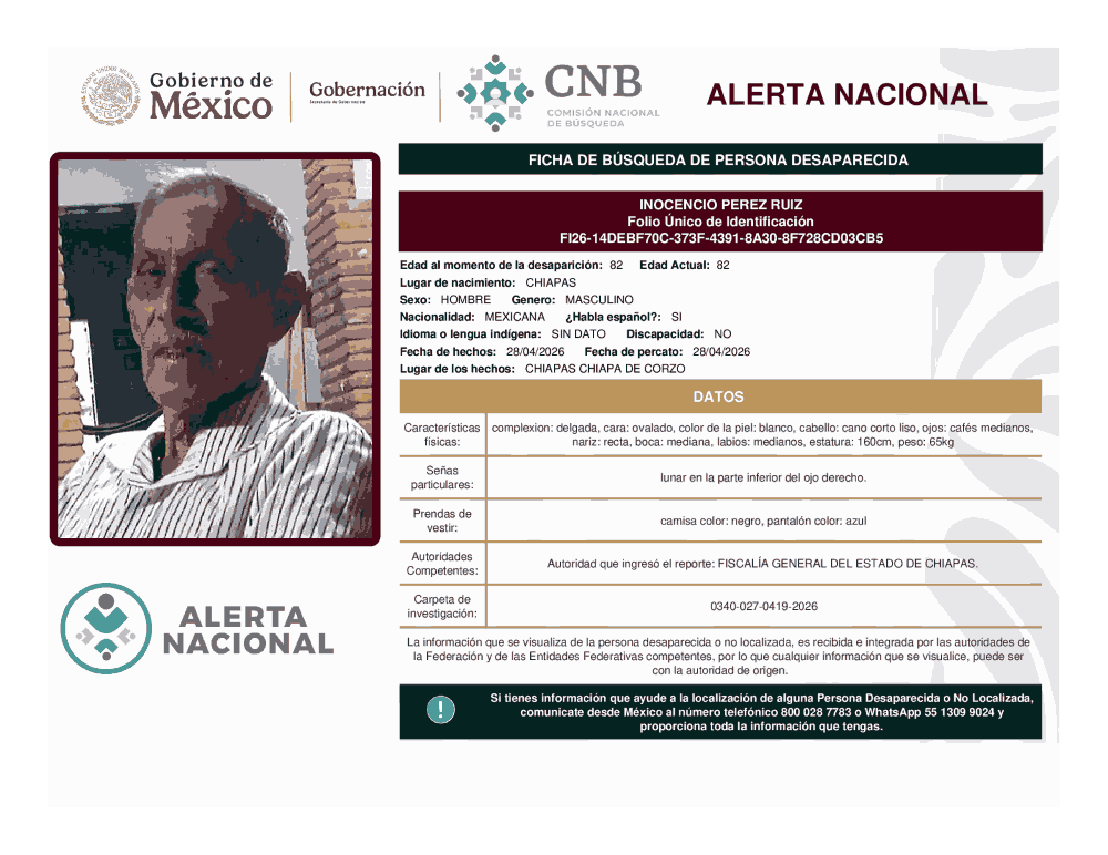 Persona desaparecida Inocencio Pérez Ruiz