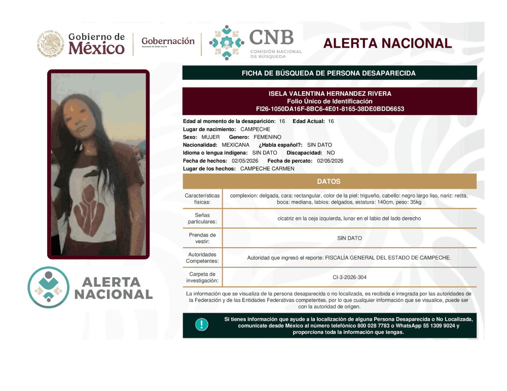 Persona desaparecida Isela Valentina Hernández Rivera