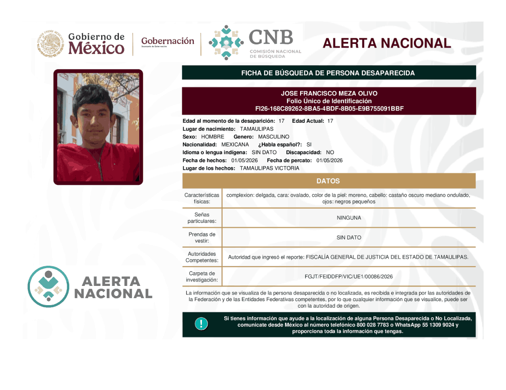 Persona desaparecida José Francisco Meza Olivo