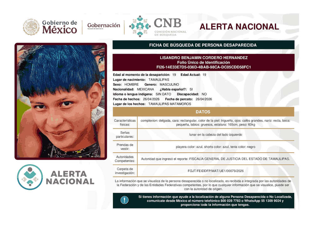 Persona desaparecida Lisandro Benjamín Cordero Hernández