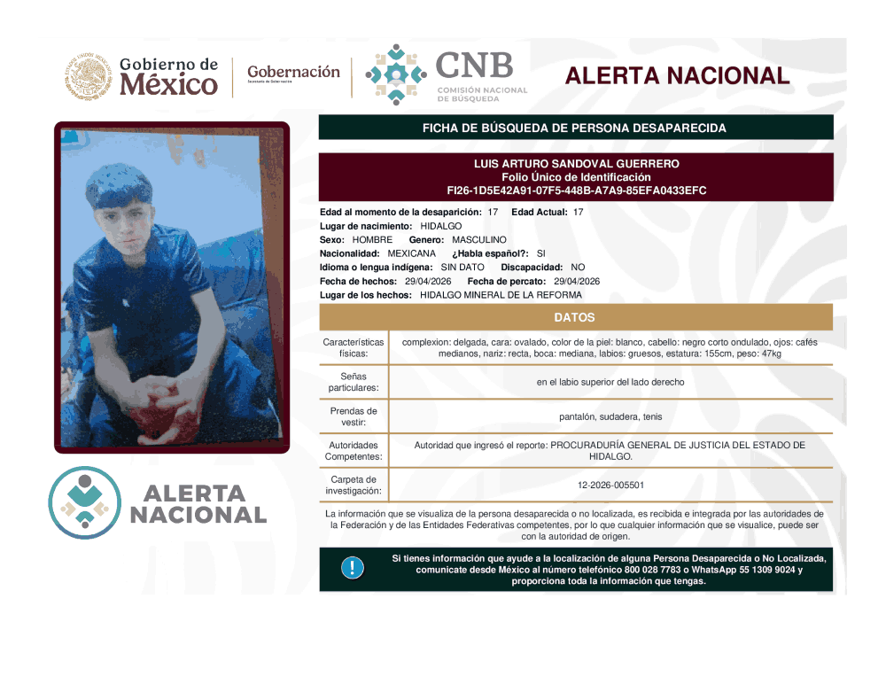 Persona desaparecida Luis Arturo Sandoval Guerrero