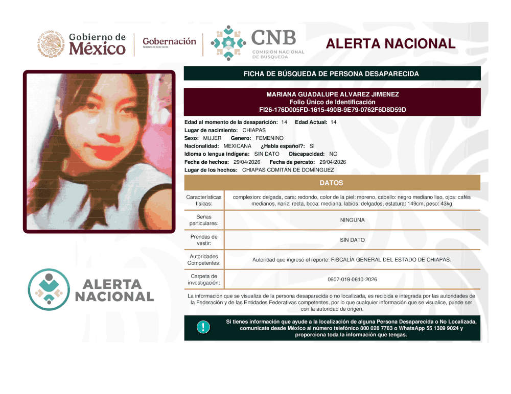 Persona desaparecida Mariana Guadalupe Alvare Jiménez