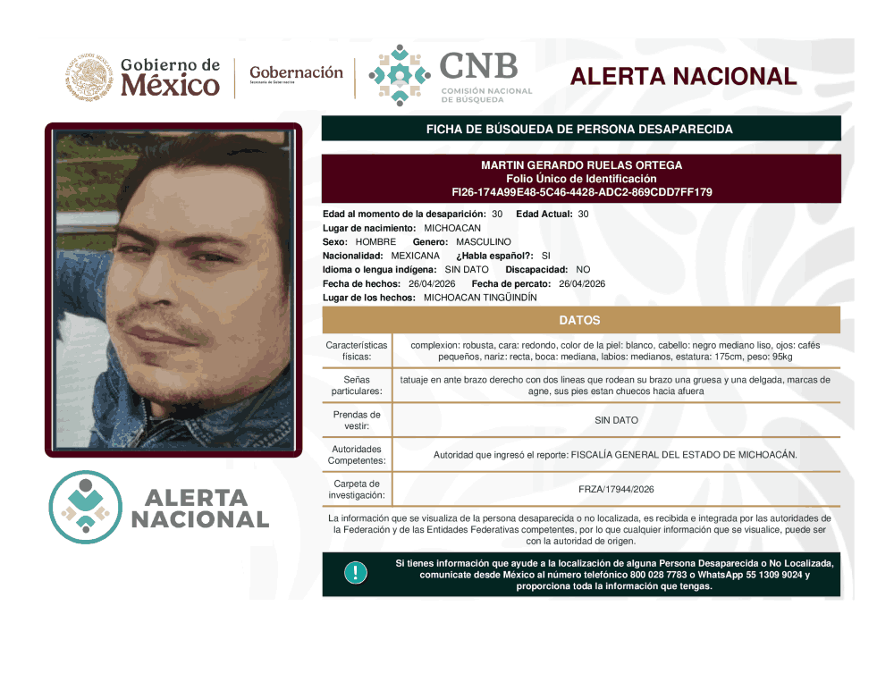 Persona desaparecida Martin Gerardo Ruelas Ortega