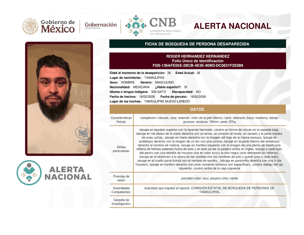 Persona desaparecida Roger Hernández Hernández