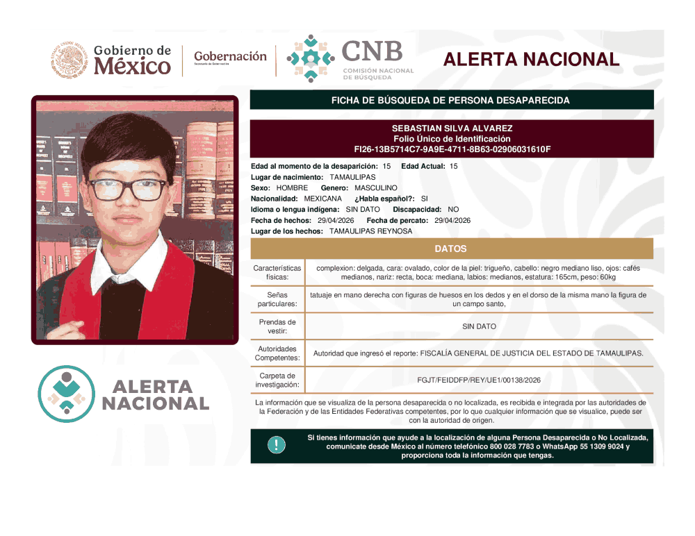 Persona desaparecida Sebastian Silva Alvarez