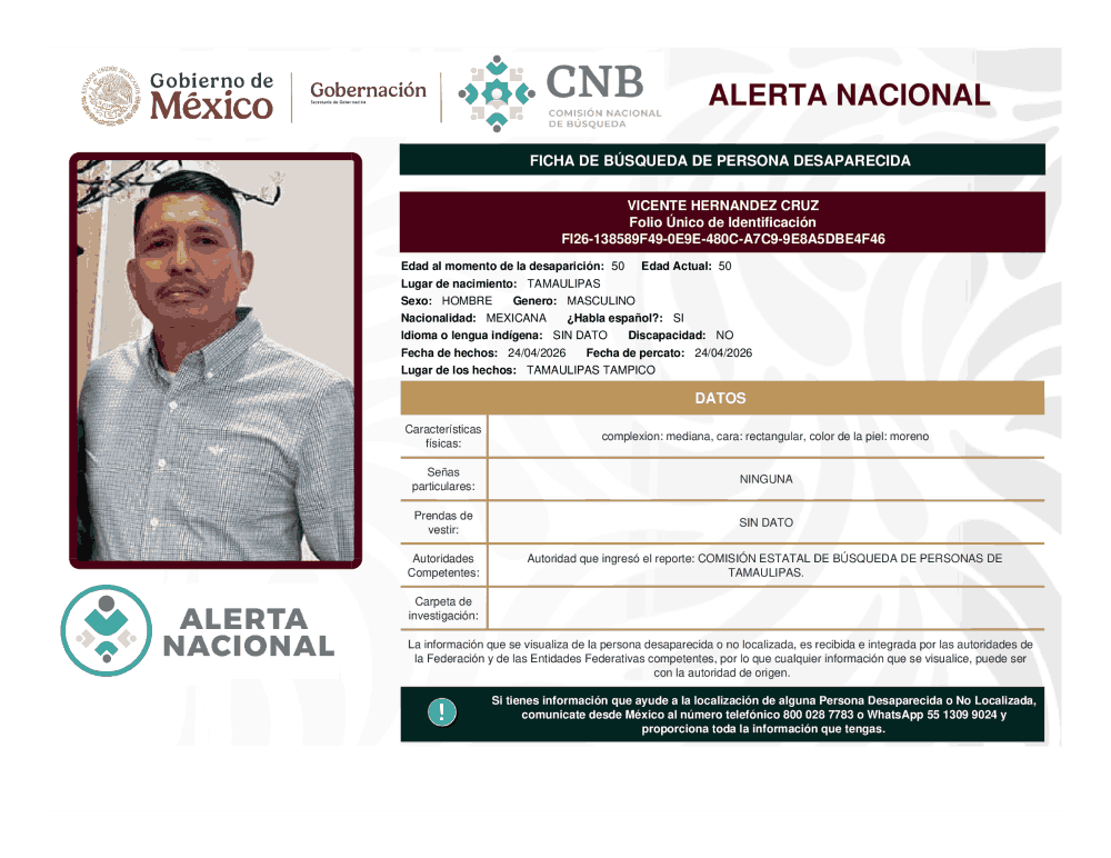 Persona desaparecida Vicente Hernández Cruz