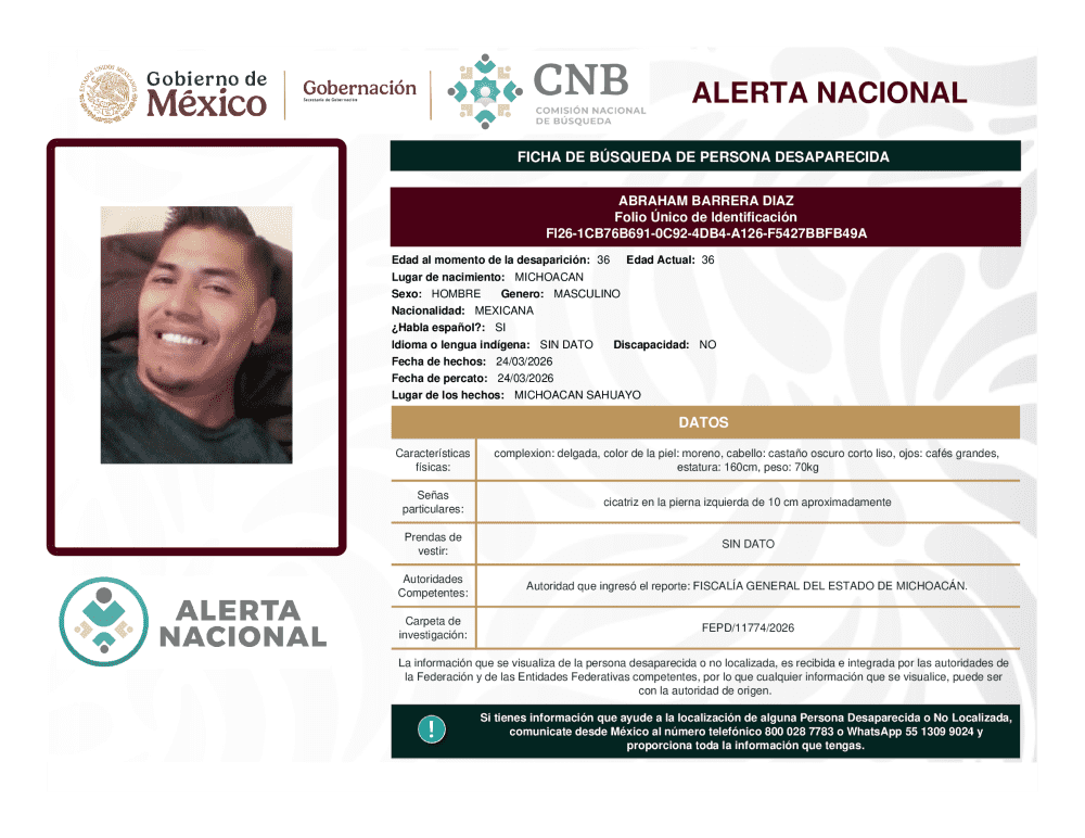 Persona desaparecida Abraham Barrera Diaz