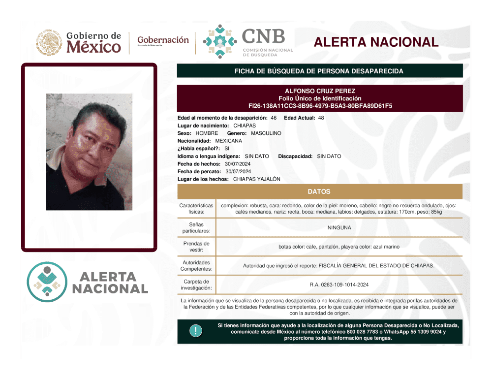 Persona desaparecida Alfonso Cruz Perez