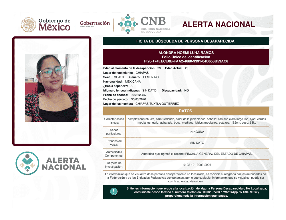 Persona desaparecida Alondra Noemi Luna Ramos