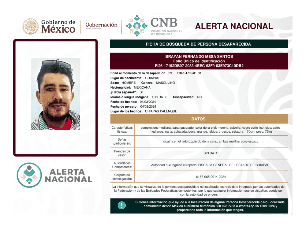 Persona desaparecida Brayan Fernando Mesa Santos