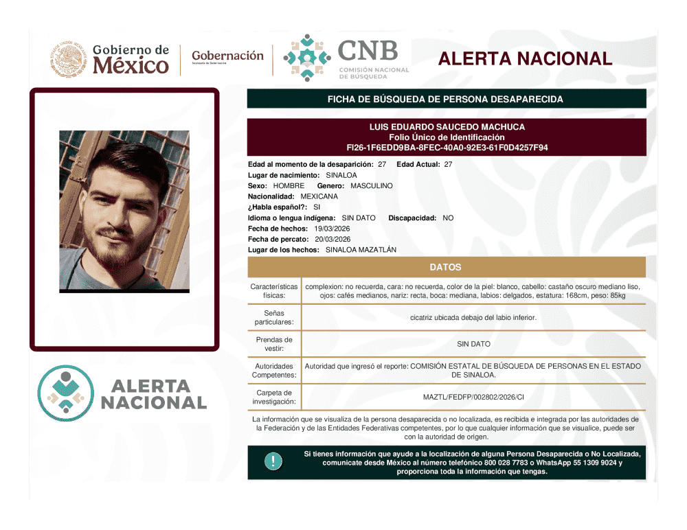 Persona desaparecida Luis Eduardo Saucedo Machuca