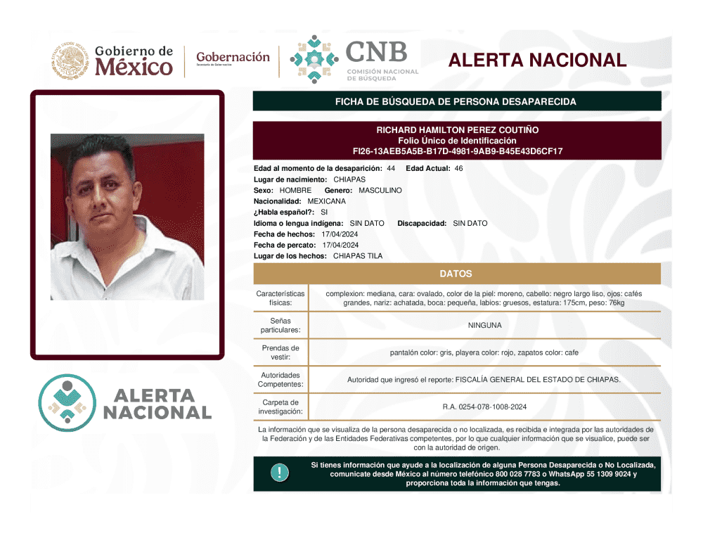 Persona desaparecida Richard Hamilton Perez Coutino