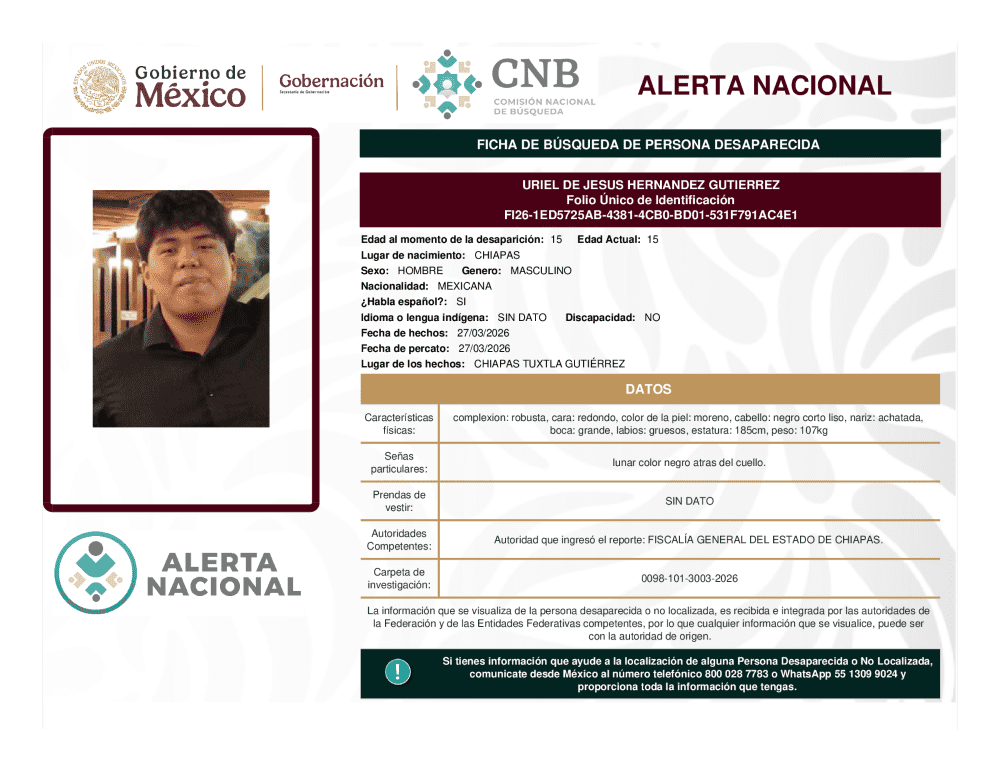 Persona desaparecida Uriel De Jesus Hernandez Gutierrez