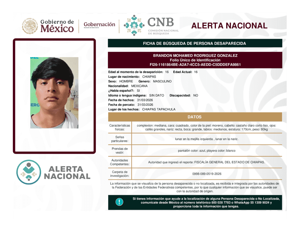 Persona desaparecida Brandon Mohamed Rodríguez