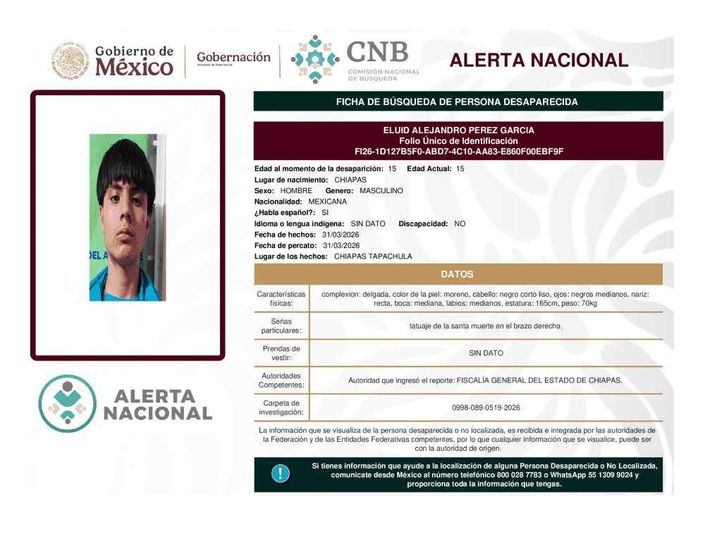 Persona desaparecida Eluid Alejandro Pérez